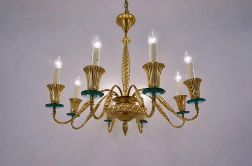 Fontana Arte chandelier, bronze & emerald crystals, 1940`s, Italian